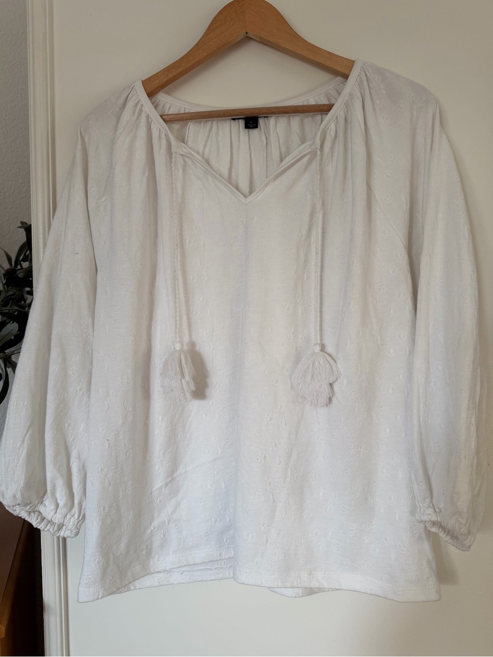 J. Crew White Embroidered Peasant Tunic with Tassels Size L